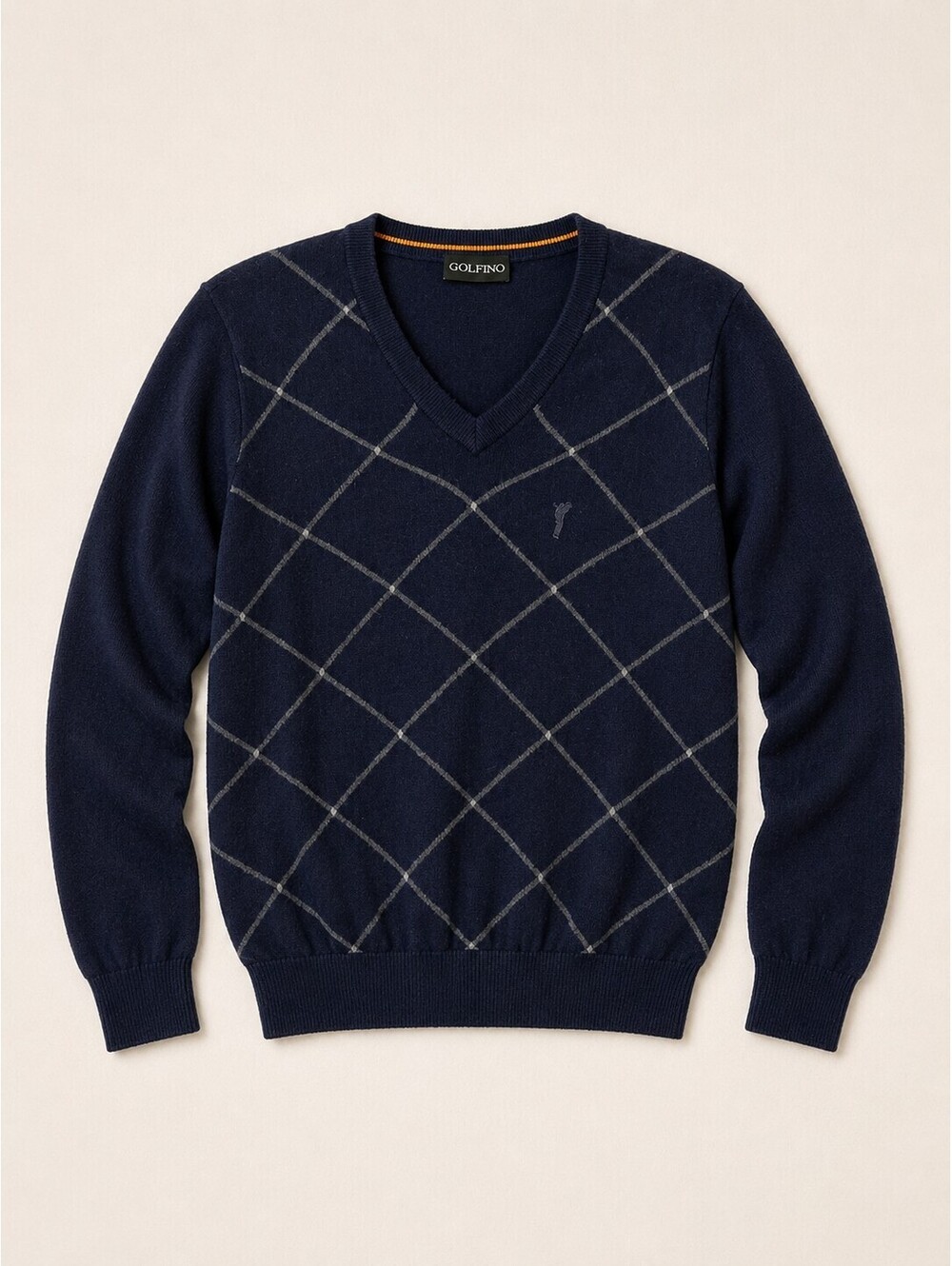 Golfino 100% Merino Wool Argyle V-Neck Sweater Unisex M Navy Golf Luxury Knit